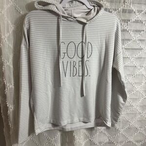 Womens Striped Hoodie Good Vibes Graphic Print Drawstring Casual Top